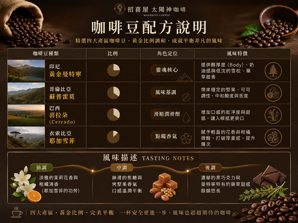 太陽神咖啡豆承襲日本職人獨門配方及風味,咖啡豆種類 比例 角色定位 風味特徵 印尼 黃金曼特寧 靈魂核心 提供醇厚度（Body）、奶 油感與低沈的雪松、藥 草甜香。 哥倫比亞 蘇普雷莫 風味基調 帶來穩定的堅果、可可 調性，中和酸度與苦度。 巴西 喜拉朵 (Cerrado) 滑順潤滑劑 增加口感的乾淨度與甜 感，讓入喉感更爽口。 衣索比亞 耶加雪菲 點綴香氣 賦予輕盈的花香與柑橘 微酸，打破厚重感，提升 層次。 2. 風味描述 (Tasting Notes) ● 前調： 淡雅的茉莉花香與柑橘清香（耶加雪菲的功勞）。 ● 中調： 絲滑的焦糖與烤堅果香氣，口感溫潤平衡。 ● 後調： 濃郁的黑巧克力與曼特寧特有的藥草甜感，餘韻悠長。