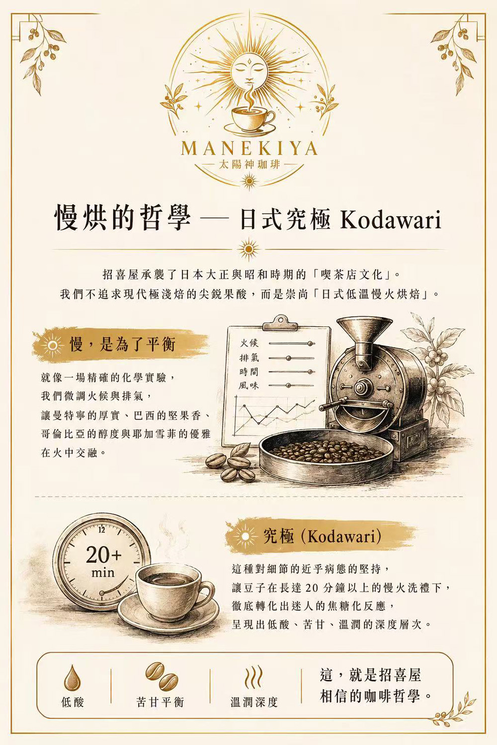 慢烘的哲學 — 日式究極 Kodawari  招喜屋承襲自日本大正與昭和時期的「喫茶店文化」， 不隨波逐流於現代極淺焙所追求的鮮明果酸， 而是回歸一種更深層、更內斂的風味價值—— 日式低溫慢火烘焙。  • 慢，是為了平衡 如同一場精密無聲的化學實驗， 我們細緻調控火候與排氣節奏， 讓曼特寧的厚實、巴西的堅果香、 哥倫比亞的醇厚，以及耶加雪菲的優雅花香， 在時間與熱能之中緩緩交融，達到和諧而完整的風味結構。  • 究極（Kodawari） 這是一種對細節近乎執念的堅持。 在長達二十分鐘以上的低溫慢火之中， 豆子經歷充分而深層的轉化， 釋放出迷人的焦糖化反應與層層堆疊的風味。  最終呈現的，不是張揚的酸， 而是一種—— 低酸、苦甘平衡、溫潤而深邃的餘韻。