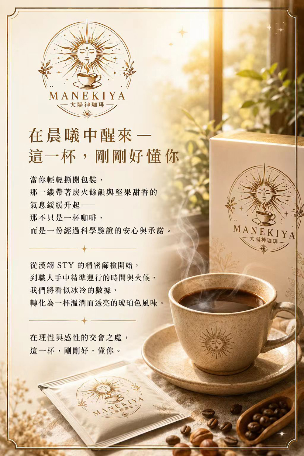 在晨曦中醒來 — 這一杯，剛剛好懂你 當你輕輕撕開包裝， 那一縷帶著炭火餘韻與堅果甜香的氣息緩緩升起—— 那不只是一杯咖啡， 而是一份經過科學驗證的安心與承諾。 從漢翊 STY 的精密篩檢開始， 到職人手中精準運行的時間與火候， 我們將看似冰冷的數據， 轉化為一杯溫潤而透亮的琥珀色風味。 在理性與感性的交會之處， 這一杯，剛剛好，懂你。